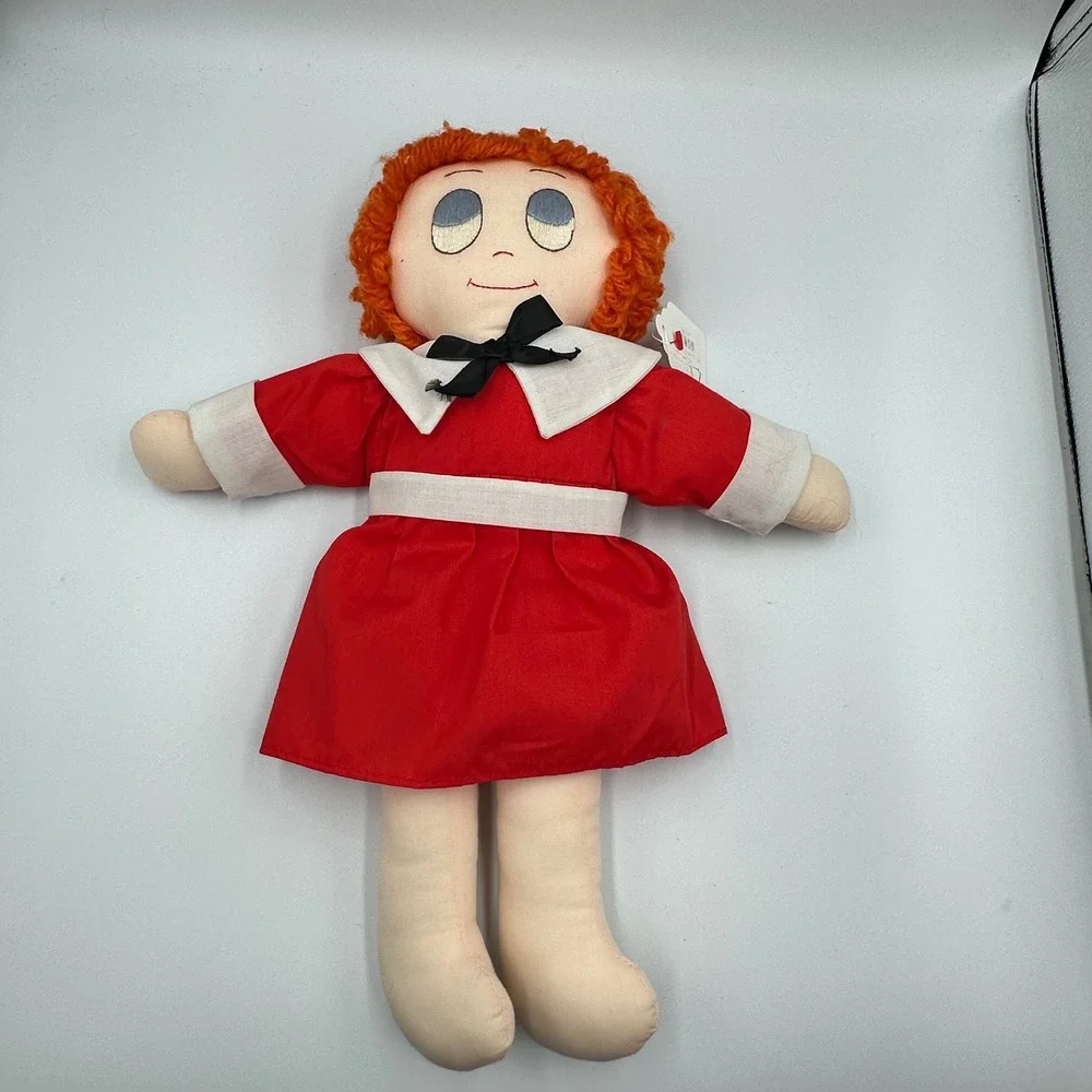 Vintage Little Orphan Annie Rag Doll 16 Inch Red Dress Orange Yarn Hair Plush